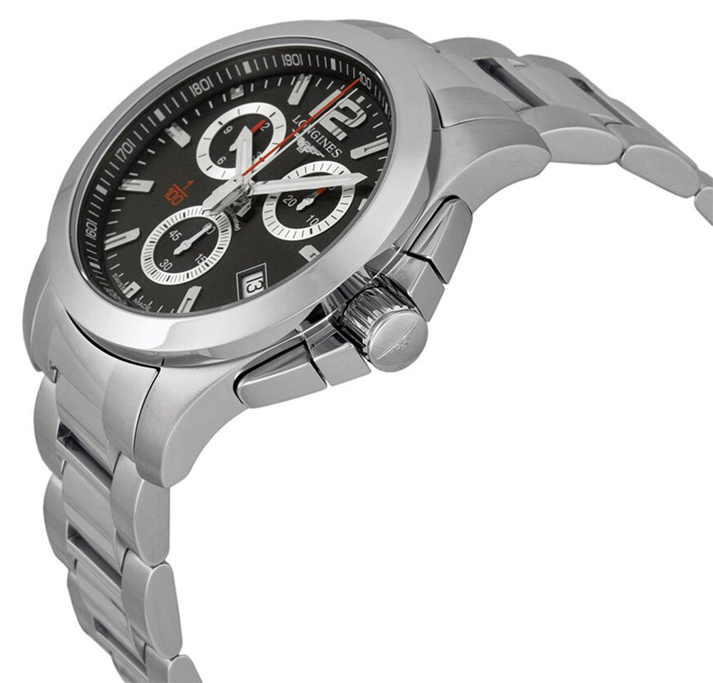 Longines Conquest Chronograph Stainless Steel Black Dial Date Divers Quartz Mens Watch L3.700.4.56.6
