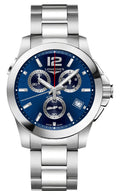 Longines Conquest Chronograph Stainless Steel Blue Dial Date Divers Quartz Mens Watch L3.702.4.96.6