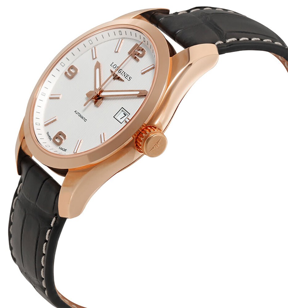 Longines Conquest Classic Automatic 18K Rose Gold Silver Dial Black Leather Strap Date Mens Watch L2.785.8.76.3