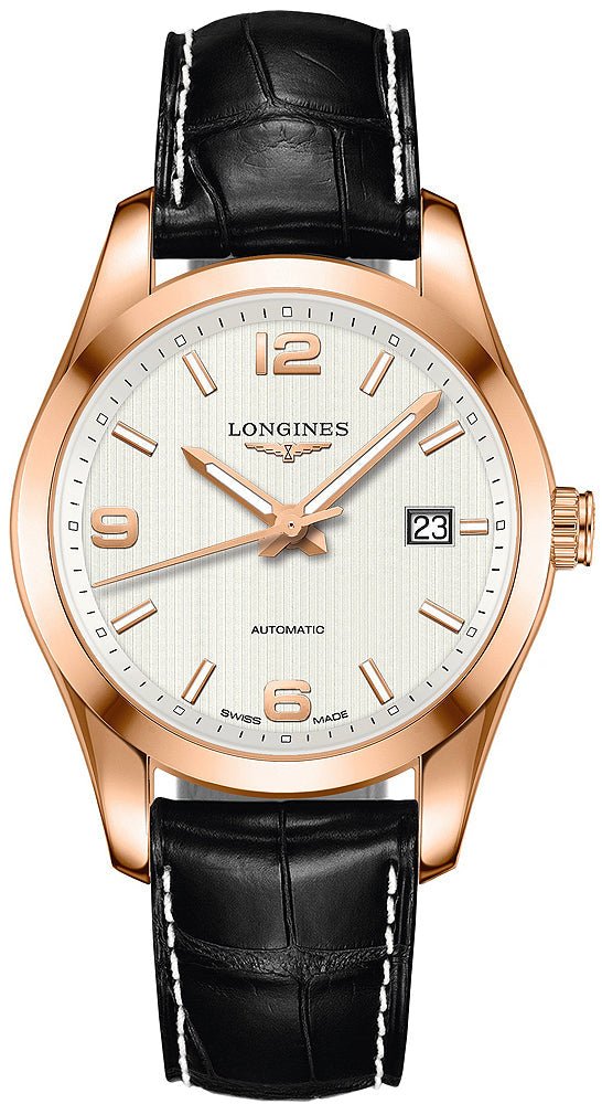 Longines Conquest Classic Automatic 18K Rose Gold Silver Dial Black Leather Strap Date Mens Watch L2.785.8.76.3