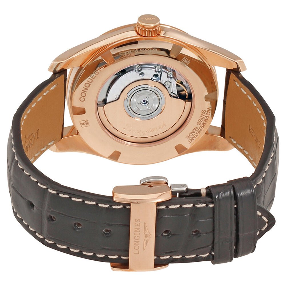 Longines Conquest Classic Automatic 18K Rose Gold Silver Dial Black Leather Strap Date Mens Watch L2.785.8.76.3