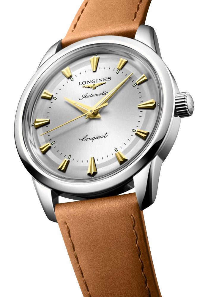 Longines Conquest Heritage Automatic Stainless Steel Silver Dial Brown Leather Strap Mens Watch L1.650.4.72.2