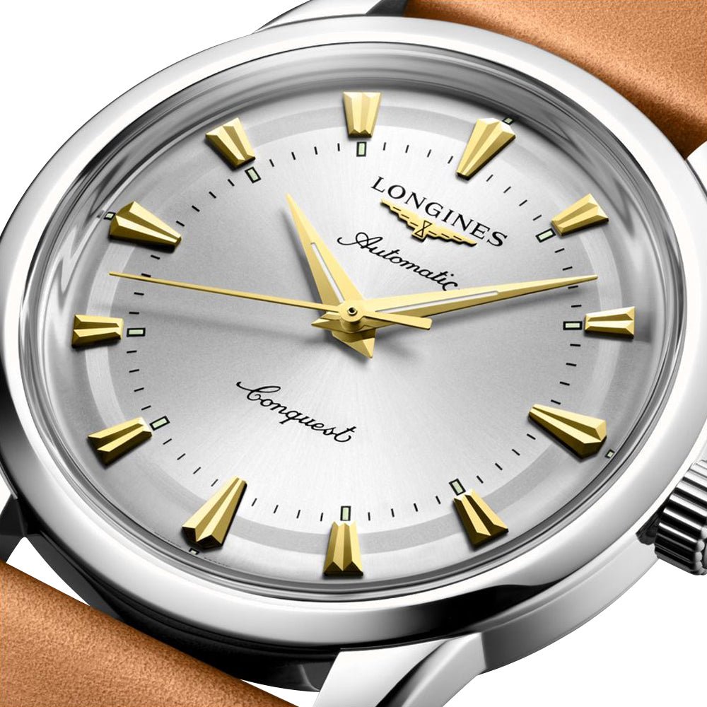 Longines Conquest Heritage Automatic Stainless Steel Silver Dial Brown Leather Strap Mens Watch L1.650.4.72.2