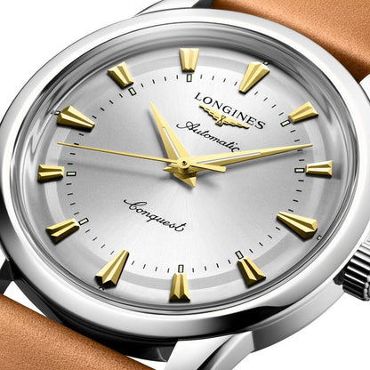 Longines Conquest Heritage Automatic Stainless Steel Silver Dial Brown Leather Strap Mens Watch L1.650.4.72.2