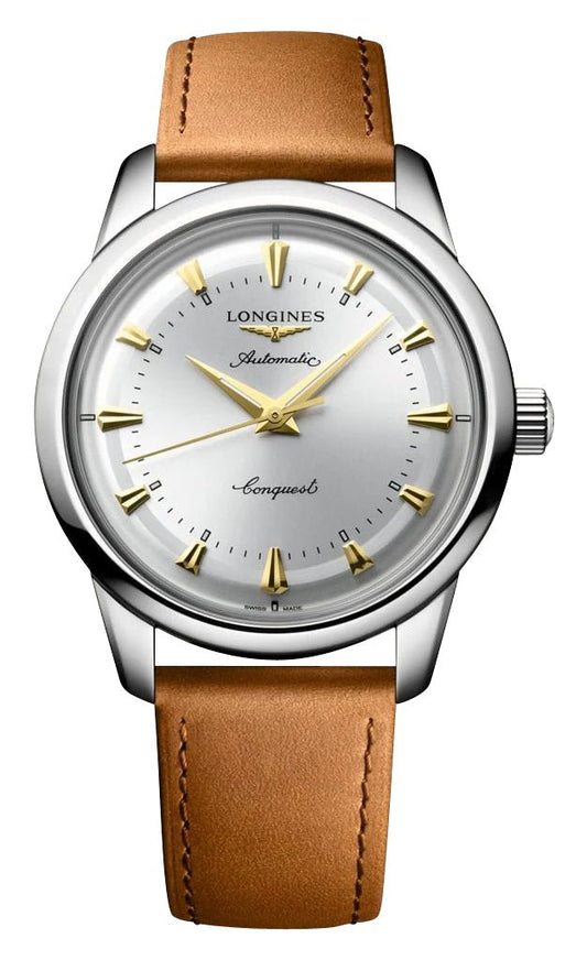 Longines Conquest Heritage Automatic Stainless Steel Silver Dial Brown Leather Strap Mens Watch L1.650.4.72.2