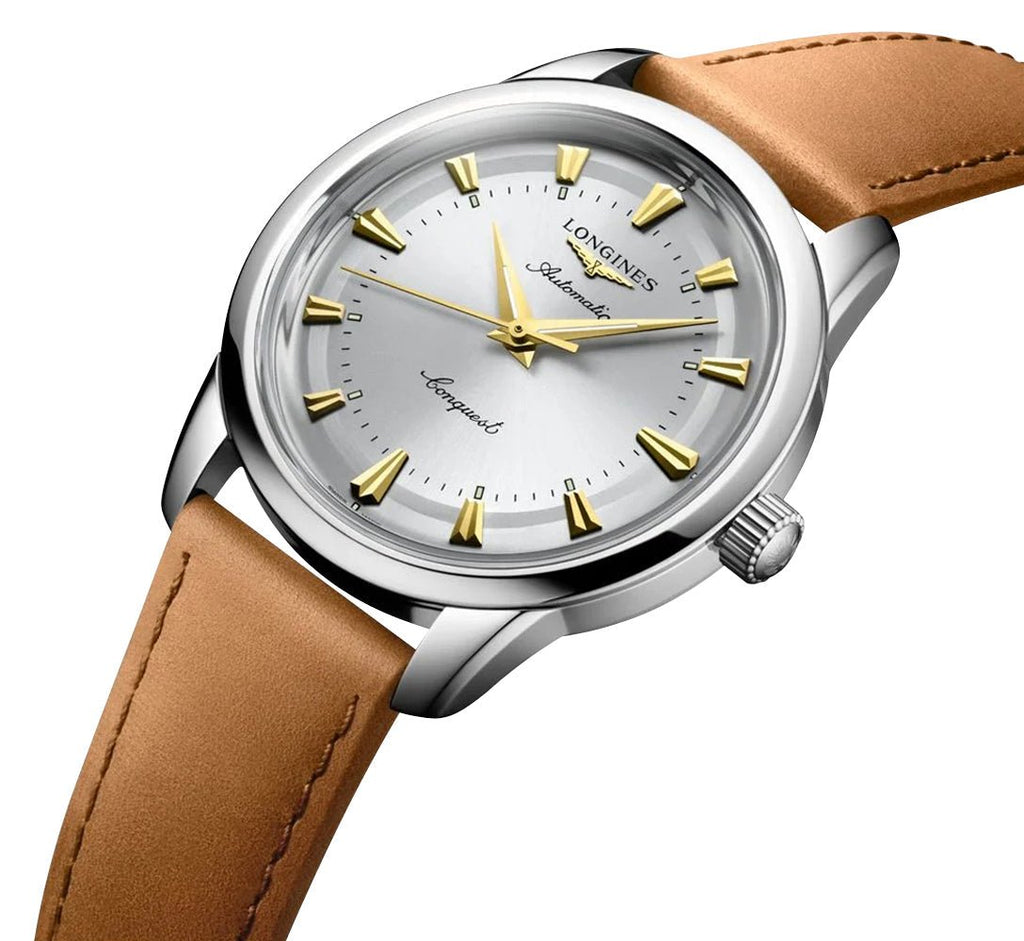 Longines Conquest Heritage Automatic Stainless Steel Silver Dial Brown Leather Strap Mens Watch L1.650.4.72.2