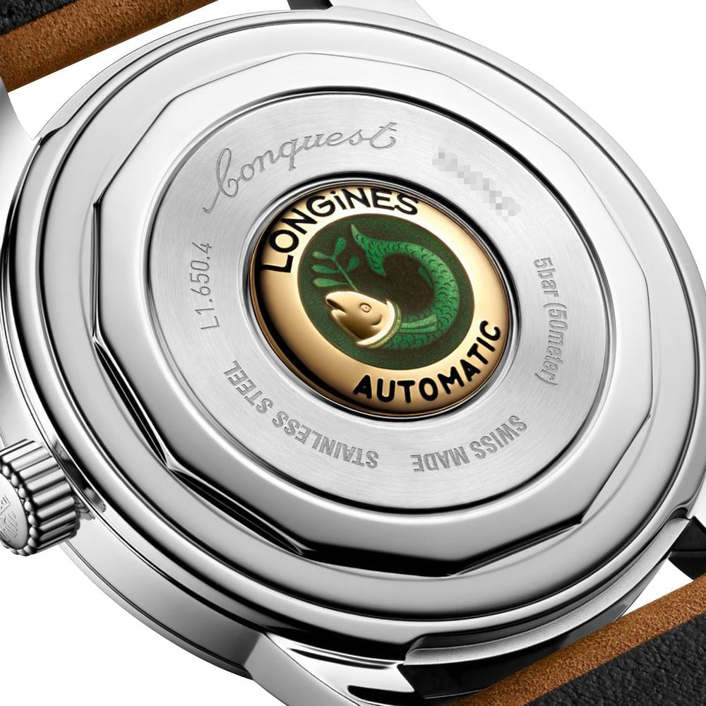 Longines Conquest Heritage Automatic Stainless Steel Silver Dial Brown Leather Strap Mens Watch L1.650.4.72.2