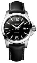 Longines Conquest Stainless Steel Black Dial Black Leather Strap Date Divers Quartz Mens Watch L3.759.4.58.3