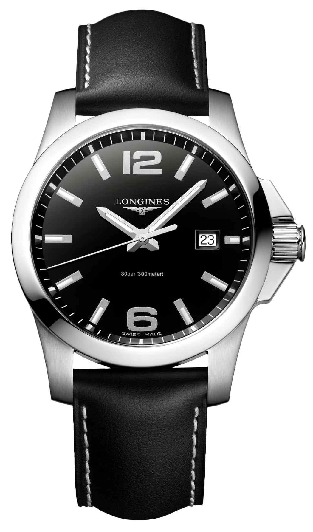 Longines Conquest Stainless Steel Black Dial Black Leather Strap Date Divers Quartz Mens Watch L3.759.4.58.3