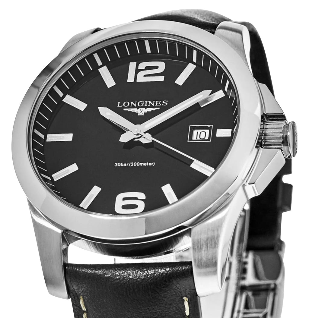 Longines Conquest Stainless Steel Black Dial Black Leather Strap Date Divers Quartz Mens Watch L3.759.4.58.3