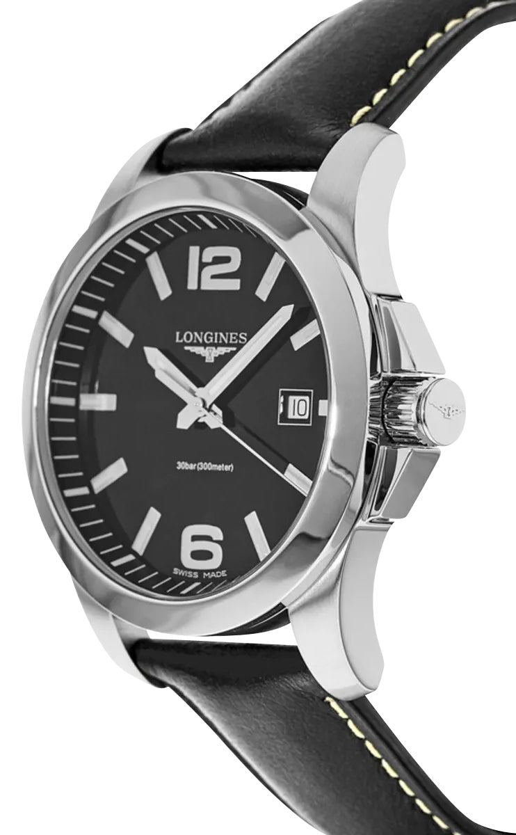 Longines Conquest Stainless Steel Black Dial Black Leather Strap Date Divers Quartz Mens Watch L3.759.4.58.3