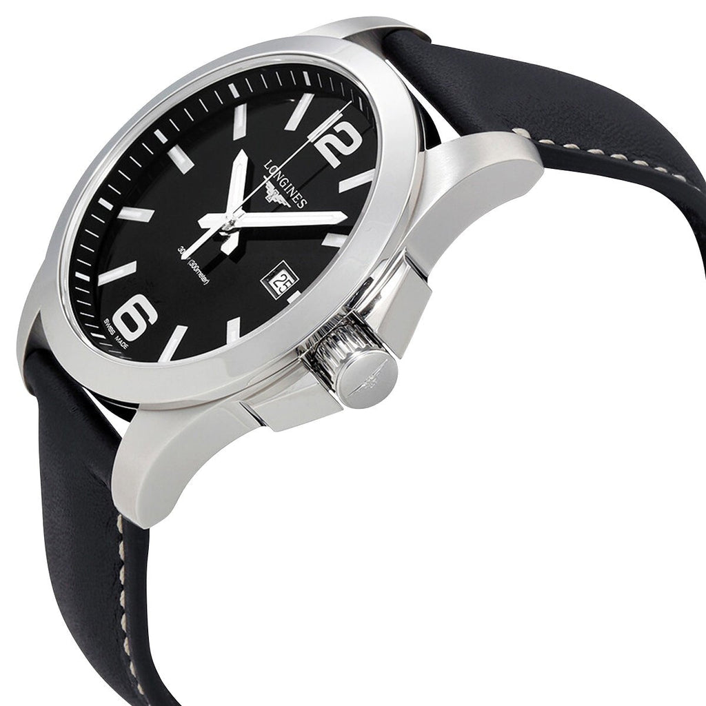Longines Conquest Stainless Steel Black Dial Black Leather Strap Date Divers Quartz Mens Watch L3.760.4.56.3