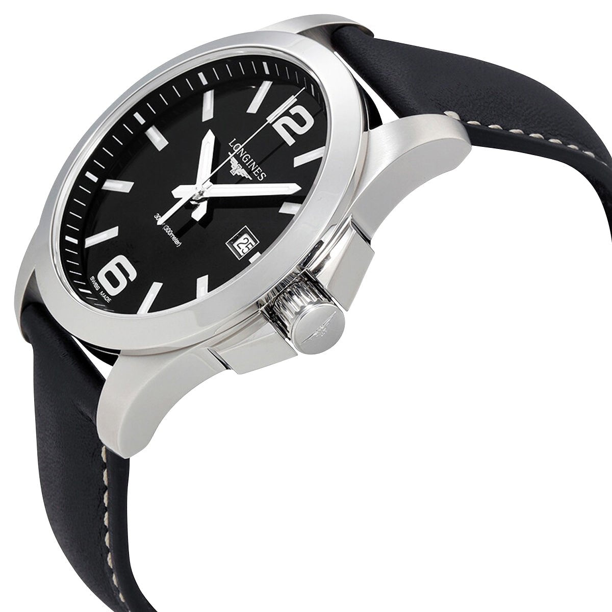 Longines Conquest Stainless Steel Black Dial Black Leather Strap Date Divers Quartz Mens Watch L3.760.4.56.3