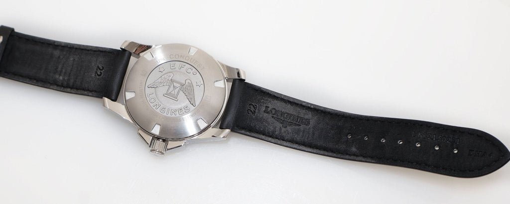 Longines Conquest Stainless Steel Black Dial Black Leather Strap Date Divers Quartz Mens Watch L3.760.4.56.3