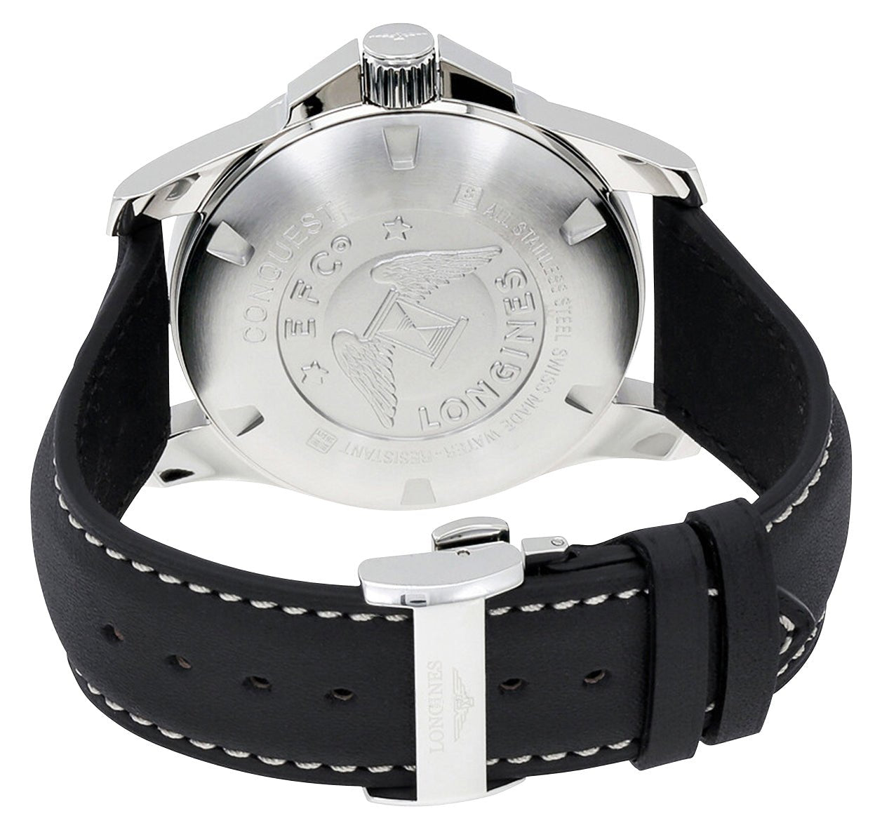Longines Conquest Stainless Steel Black Dial Black Leather Strap Date Divers Quartz Mens Watch L3.760.4.56.3
