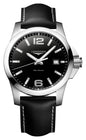 Longines Conquest Stainless Steel Black Dial Black Leather Strap Date Divers Quartz Mens Watch L3.760.4.56.3