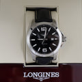 Longines Conquest Stainless Steel Black Dial Black Leather Strap Date Divers Quartz Mens Watch L3.760.4.56.3