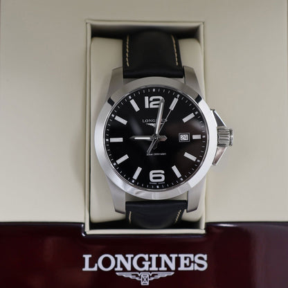 Longines Conquest Stainless Steel Black Dial Black Leather Strap Date Divers Quartz Mens Watch L3.760.4.56.3