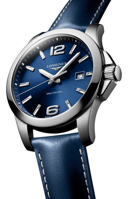 Longines Conquest Stainless Steel Blue Dial Blue Leather Strap Date Divers Quartz Mens Watch L3.759.4.96.0