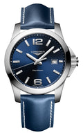 Longines Conquest Stainless Steel Blue Dial Blue Leather Strap Date Divers Quartz Mens Watch L3.759.4.96.0