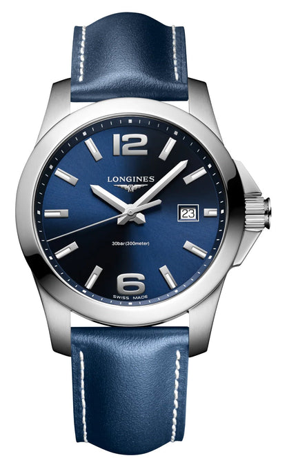 Longines Conquest Stainless Steel Blue Dial Blue Leather Strap Date Divers Quartz Mens Watch L3.759.4.96.0