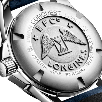 Longines Conquest Stainless Steel Blue Dial Blue Leather Strap Date Divers Quartz Mens Watch L3.759.4.96.0