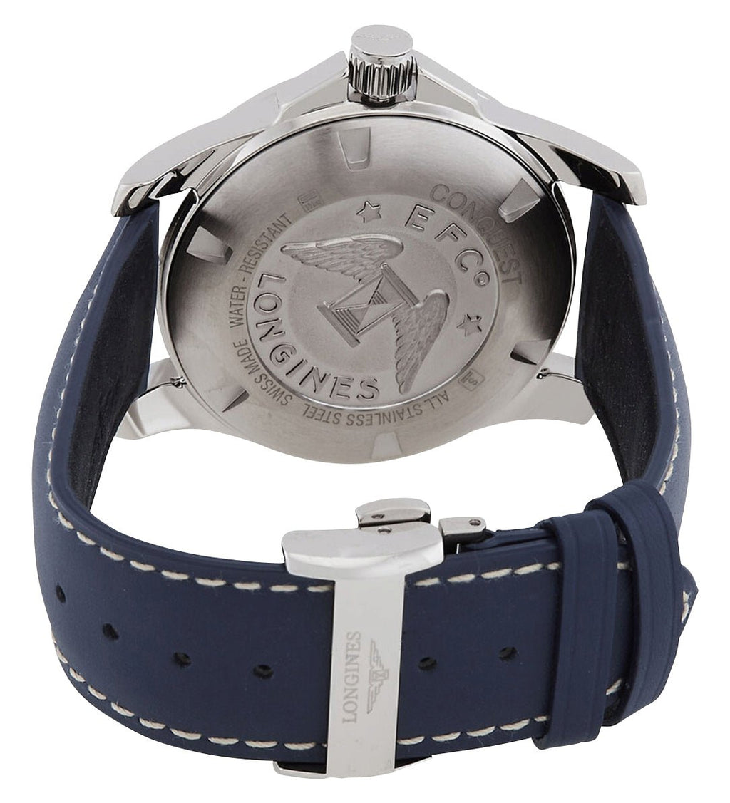 Longines Conquest Stainless Steel Blue Dial Blue Leather Strap Date Divers Quartz Mens Watch L3.759.4.96.0