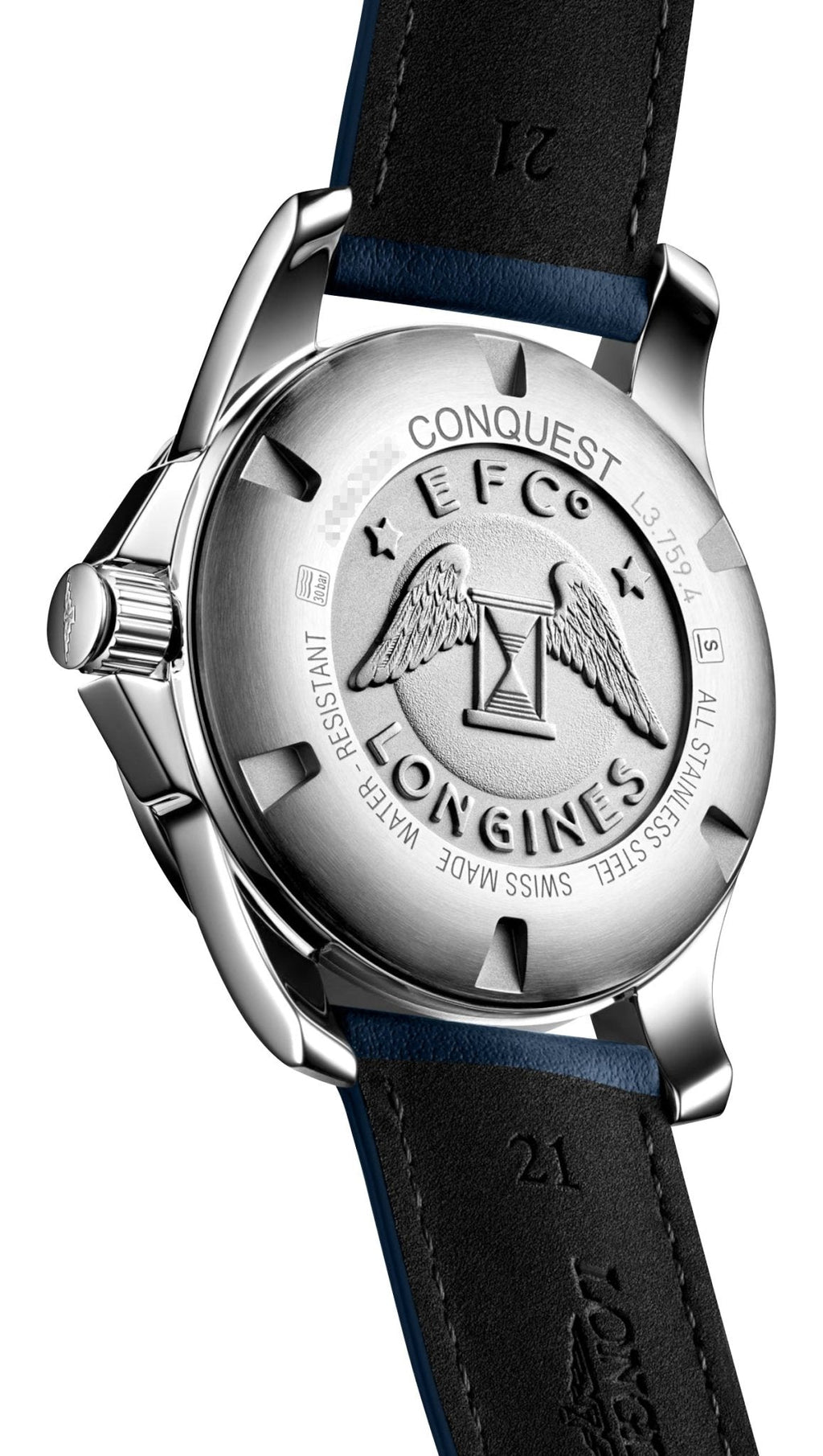 Longines Conquest Stainless Steel Blue Dial Blue Leather Strap Date Divers Quartz Mens Watch L3.759.4.96.0