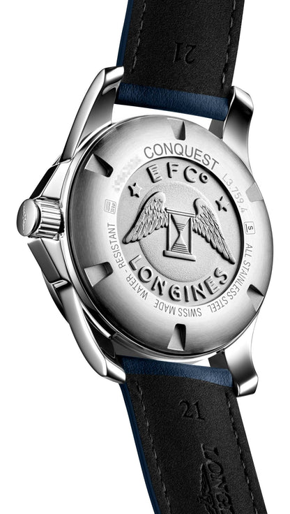 Longines Conquest Stainless Steel Blue Dial Blue Leather Strap Date Divers Quartz Mens Watch L3.759.4.96.0