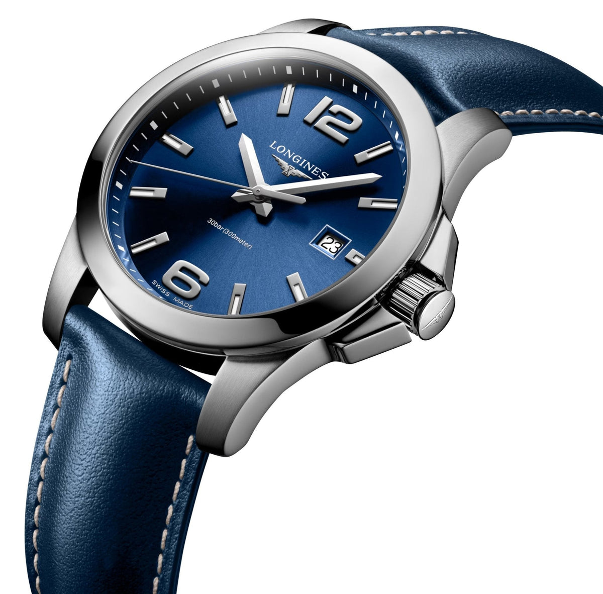 Longines Conquest Stainless Steel Blue Dial Blue Leather Strap Date Divers Quartz Mens Watch L3.759.4.96.0