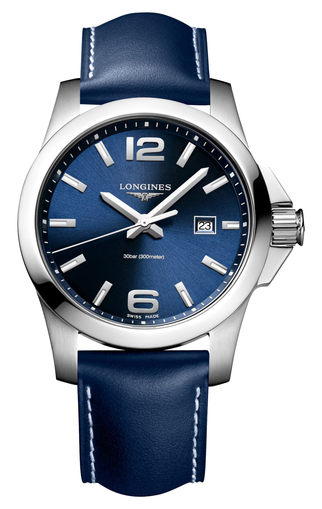 Longines Conquest Stainless Steel Blue Dial Blue Leather Strap Date Divers Quartz Mens Watch L3.760.4.96.0