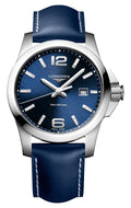 Longines Conquest Stainless Steel Blue Dial Blue Leather Strap Date Divers Quartz Mens Watch L3.760.4.96.0