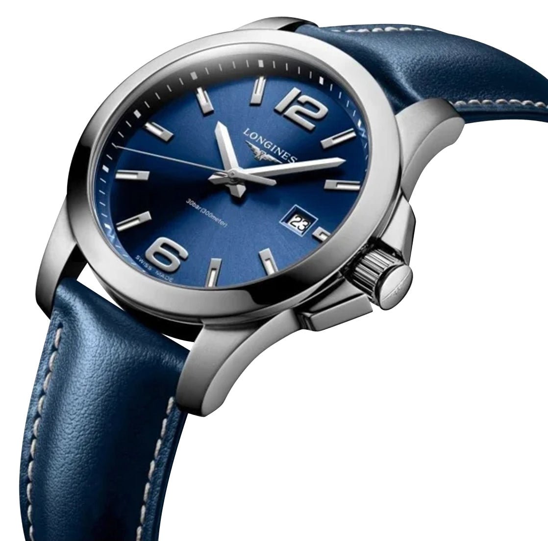 Longines Conquest Stainless Steel Blue Dial Blue Leather Strap Date Divers Quartz Mens Watch L3.760.4.96.0