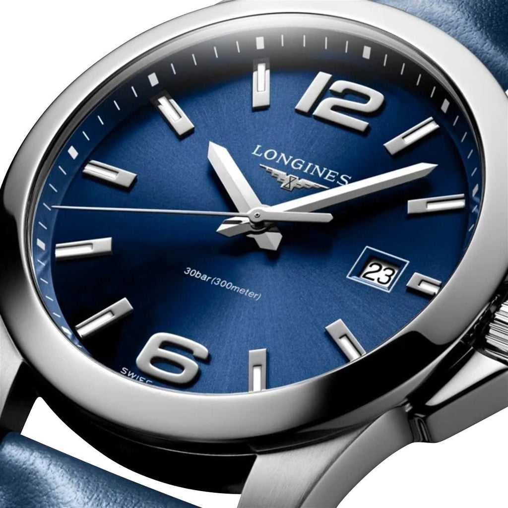 Longines Conquest Stainless Steel Blue Dial Blue Leather Strap Date Divers Quartz Mens Watch L3.760.4.96.0