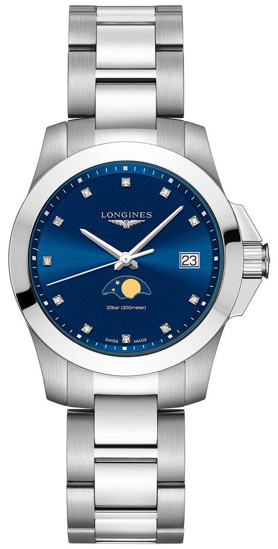 Longines Conquest Stainless Steel Blue Dial Diamonds Date Moonphase Quartz Womens Watch L3.381.4.97.6