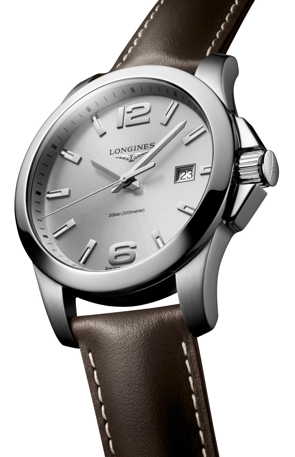 Longines Conquest Stainless Steel Silver Dial Brown Leather Strap Date Divers Quartz Mens Watch L3.759.4.76.5