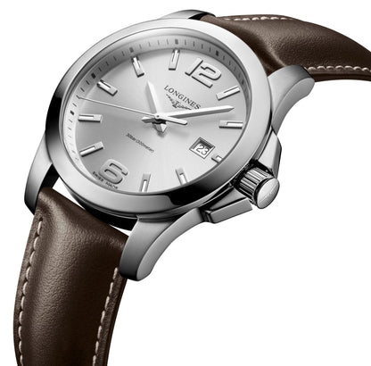 Longines Conquest Stainless Steel Silver Dial Brown Leather Strap Date Divers Quartz Mens Watch L3.759.4.76.5