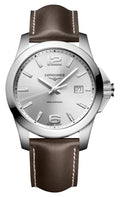 Longines Conquest Stainless Steel Silver Dial Brown Leather Strap Date Divers Quartz Mens Watch L3.759.4.76.5