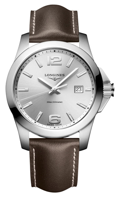 Longines Conquest Stainless Steel Silver Dial Brown Leather Strap Date Divers Quartz Mens Watch L3.759.4.76.5
