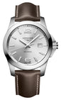 Longines Conquest Stainless Steel Silver Dial Brown Leather Strap Date Divers Quartz Mens Watch L3.759.4.76.5