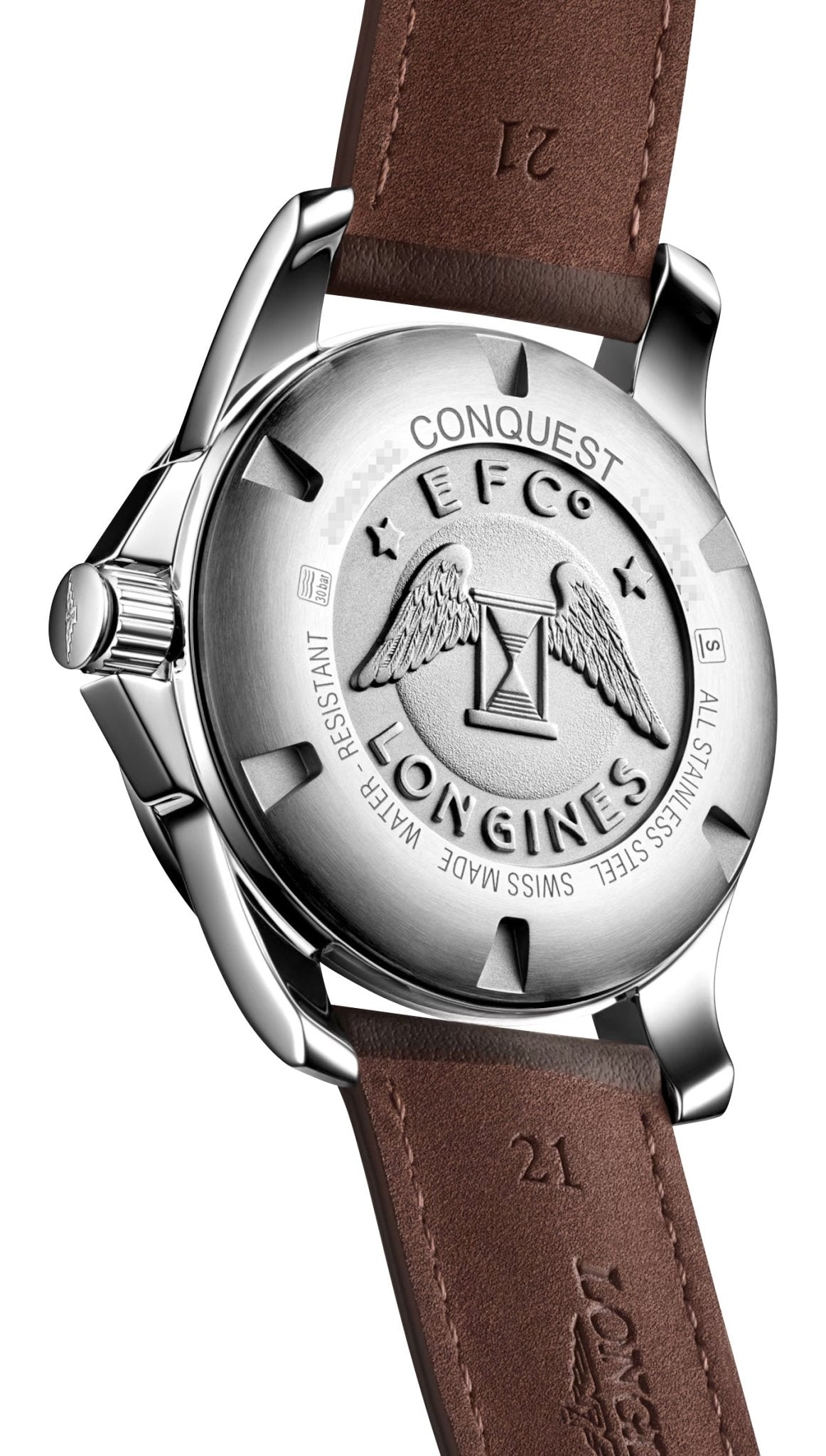 Longines Conquest Stainless Steel Silver Dial Brown Leather Strap Date Divers Quartz Mens Watch L3.759.4.76.5