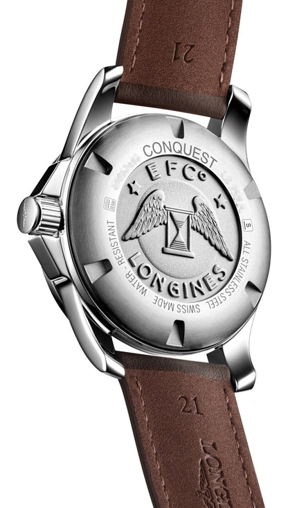 Longines Conquest Stainless Steel Silver Dial Brown Leather Strap Date Divers Quartz Mens Watch L3.759.4.76.5