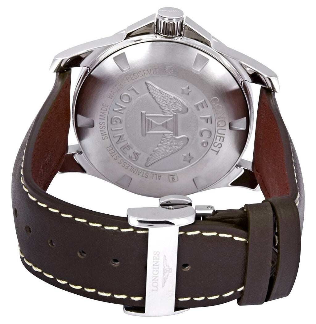Longines Conquest Stainless Steel Silver Dial Brown Leather Strap Date Divers Quartz Mens Watch L3.759.4.76.5