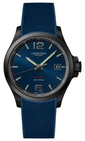 Longines Conquest V.H.P. Black PVD Blue Dial Blue Rubber Strap Perpetual Calendar Date Quartz Mens Watch L3.726.2.96.9