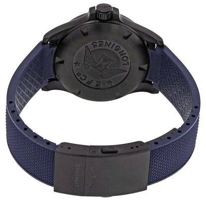 Longines Conquest V.H.P. Black PVD Blue Rubber Strap Blue Dial Perpetual Calendar Date Quartz Mens Watch L3.716.2.96.9