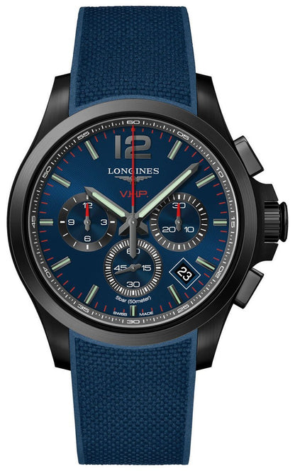 Longines Conquest V.H.P. Chronograph Black PVD Blue Rubber Strap Blue Dial Perpetual Calendar Date Quartz Mens Watch L3.717.2.96.9
