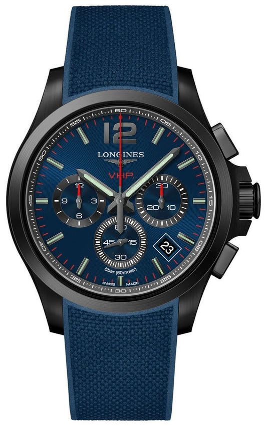 Longines Conquest V.H.P. Chronograph Black PVD Blue Rubber Strap Blue Dial Perpetual Calendar Date Quartz Mens Watch L3.717.2.96.9