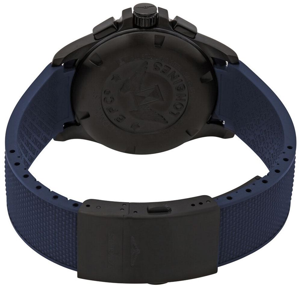 Longines Conquest V.H.P. Chronograph Black PVD Blue Rubber Strap Blue Dial Perpetual Calendar Date Quartz Mens Watch L3.717.2.96.9