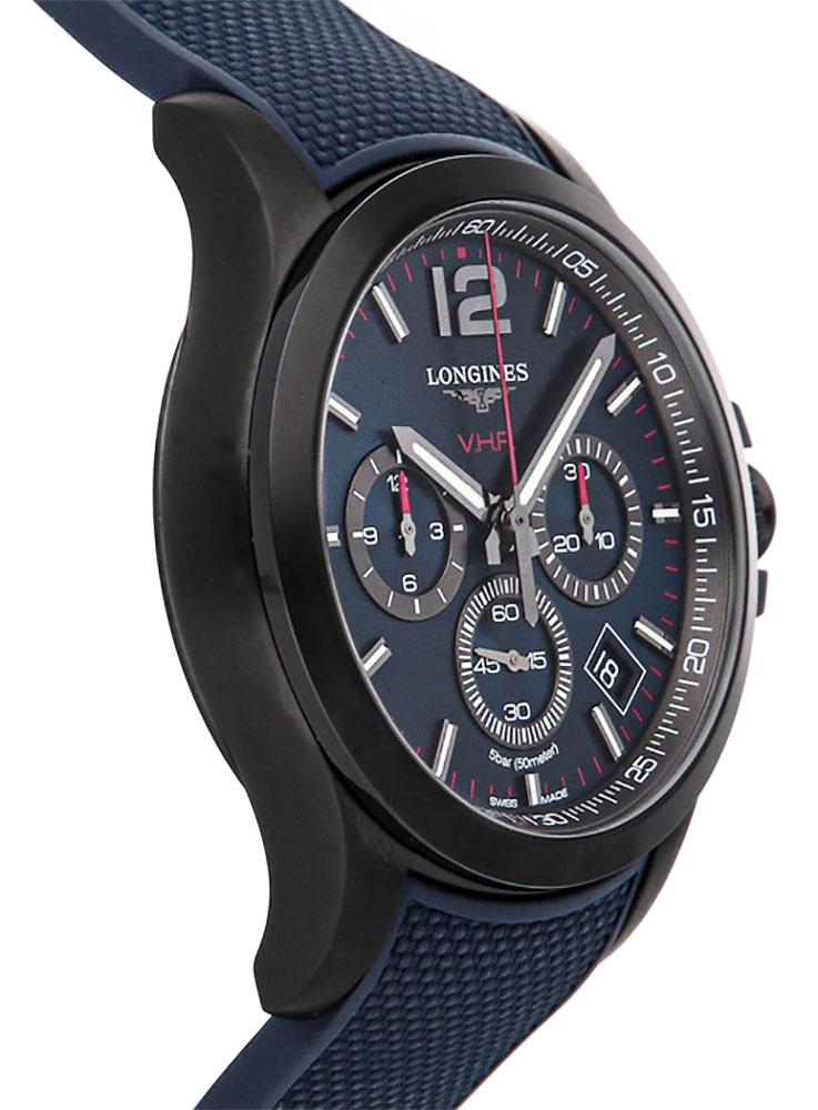Longines Conquest V.H.P. Chronograph Black PVD Blue Rubber Strap Blue Dial Perpetual Calendar Date Quartz Mens Watch L3.717.2.96.9