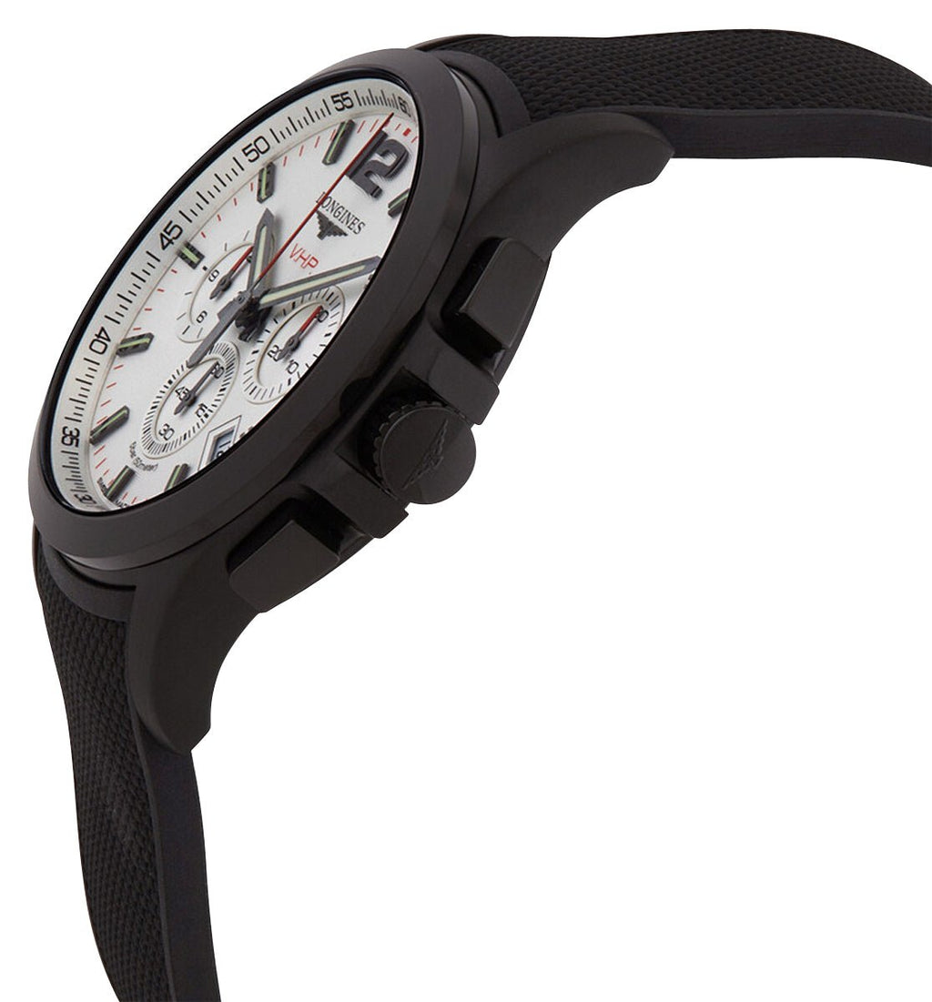 Longines Conquest V.H.P. Chronograph Black PVD Silver Dial Black Rubber Strap Perpetual Calendar Date Quartz Mens Watch L3.727.2.76.9